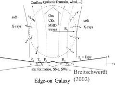 Schematic edge-on view of a star forming galaxy with a vertical magnetic field component.