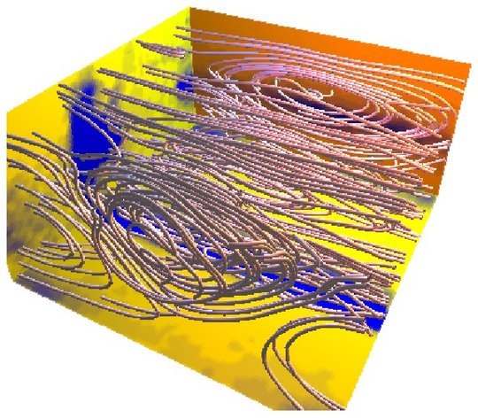 Dreidimensionale magnetische Rekonnexion auf kinetischen Skalen. Die Abbildung zeigt das Magnetfeld wie wir es in ersten kinetischen numerischen  Simulationen der Rekonnexion 1998 erhielten.